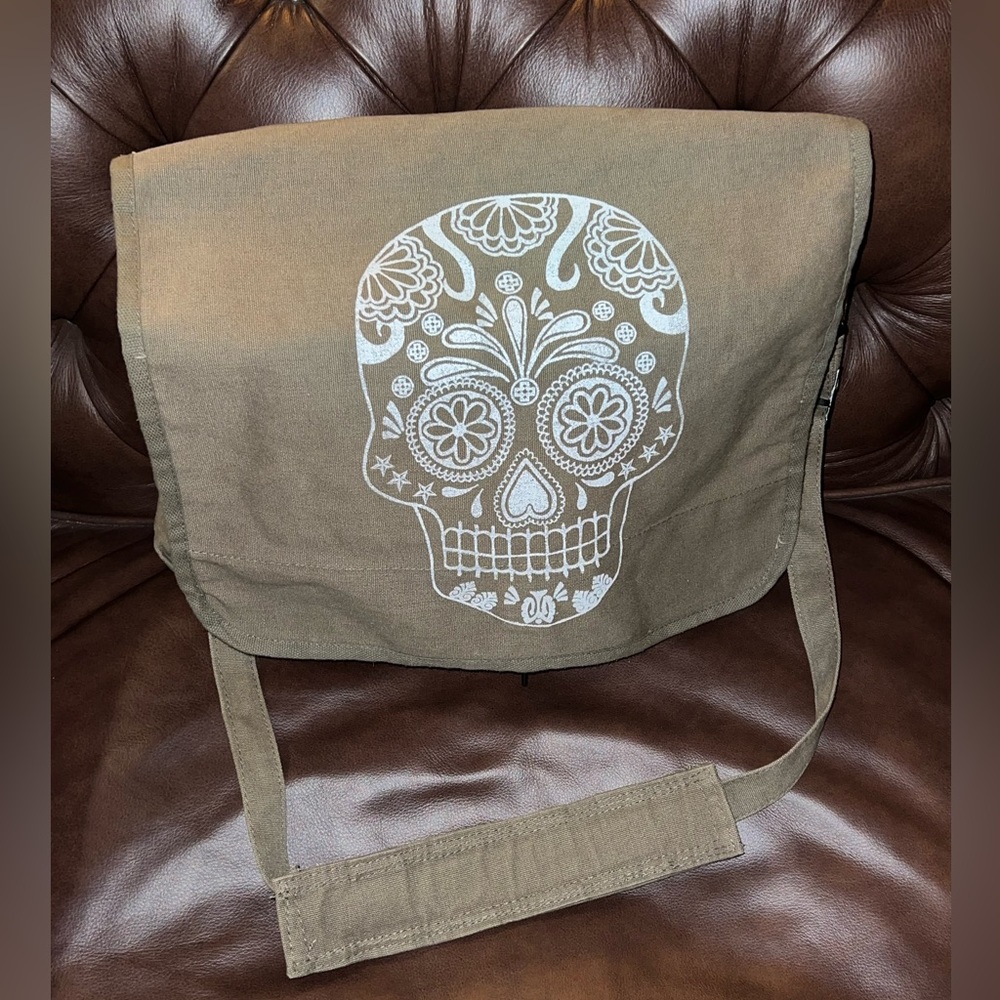 Large Sugar Skull Canvas Messenger Bag EUC